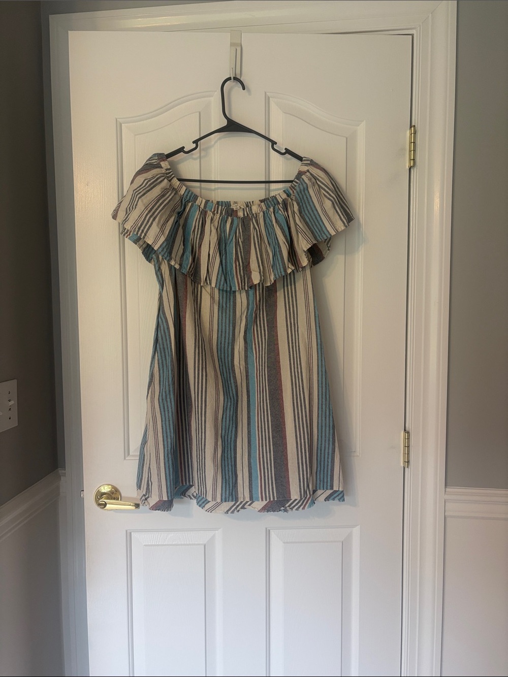 easel Striped Off-Shoulder Mini Dress in Blue, Brown & Cream